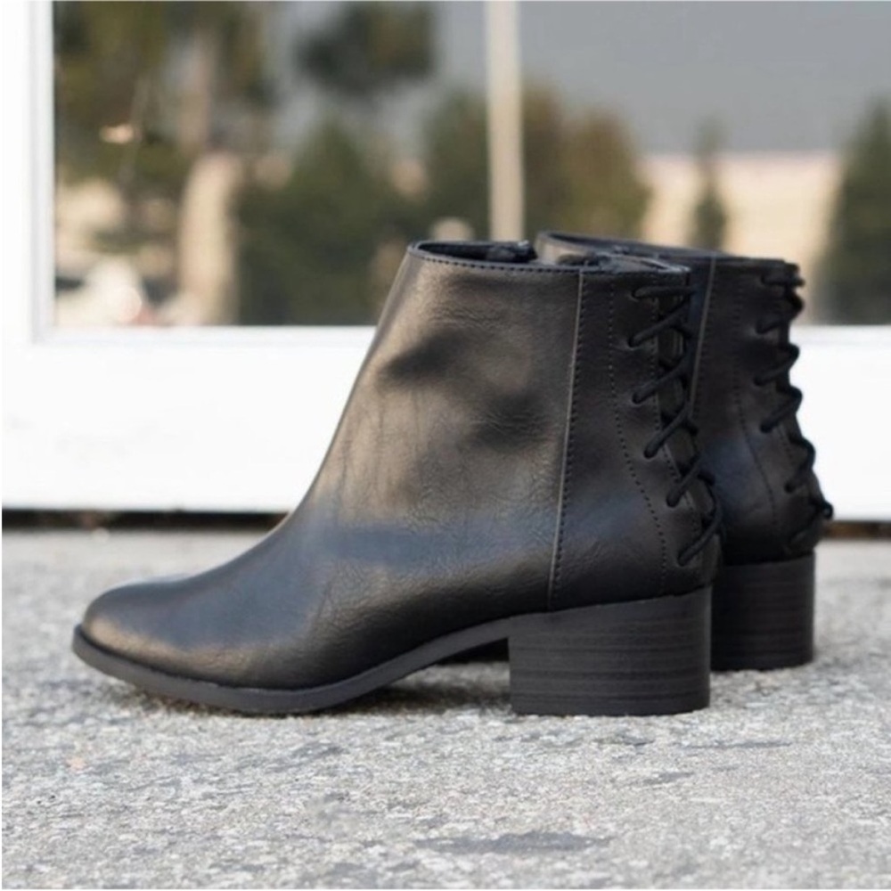 Black leather ankle booties lace design boots